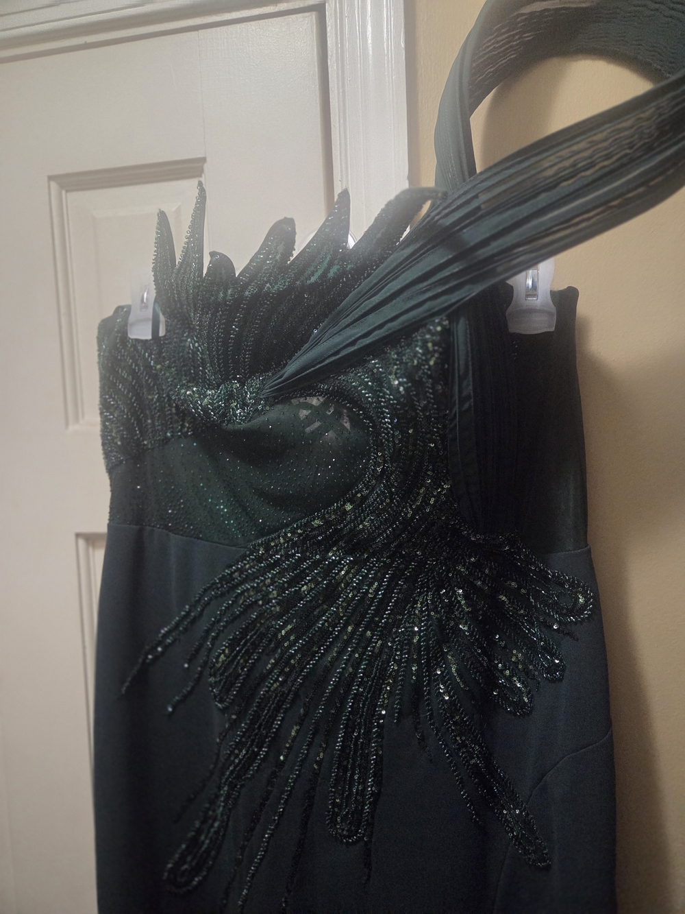 SHEIN Dark Green Beaded One-Shoulder Prom Dress